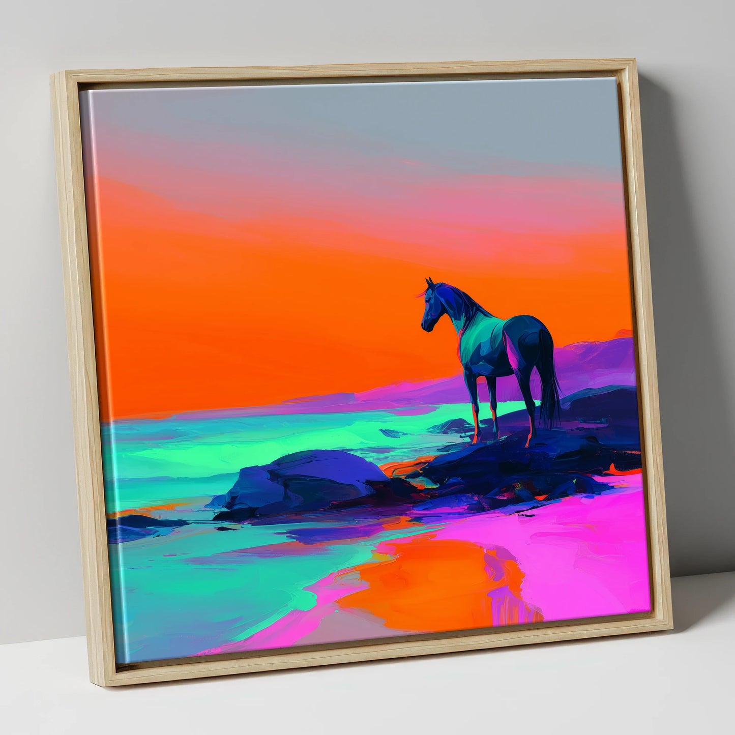 Neon Horizon Vigil horse landscape canvas wall art in natural frame