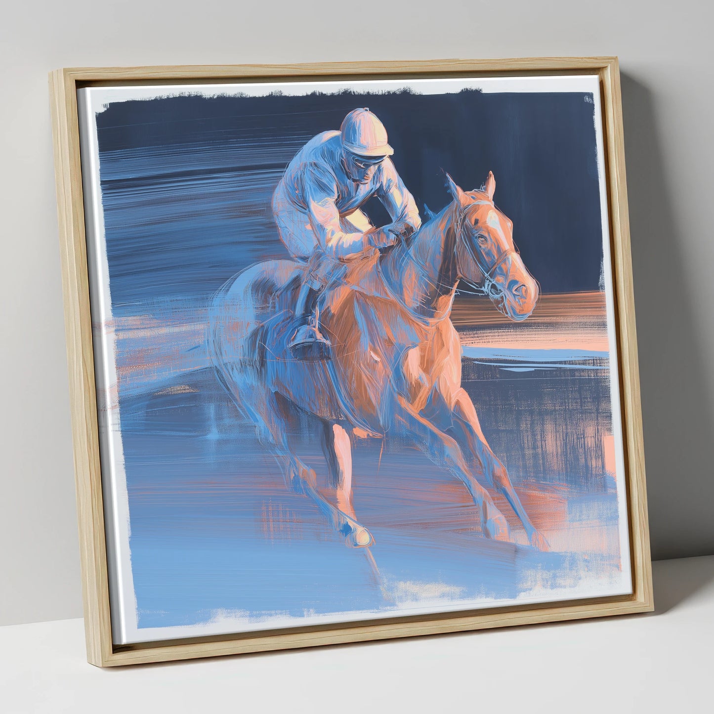 Twilight Stretch racing horse canvas wall art in natural frame