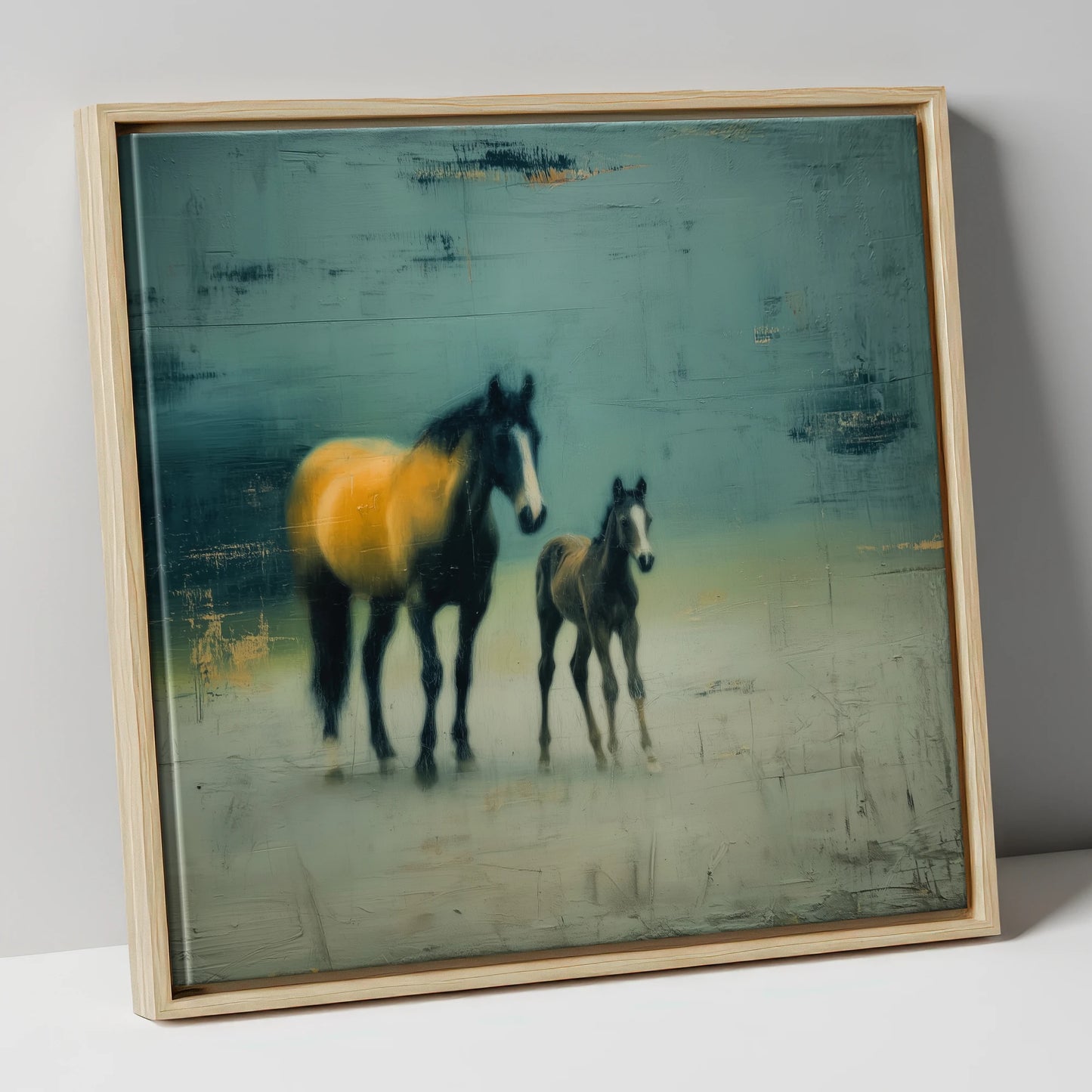 Ochre Light and Shadow mare & foal canvas wall art in natural frame