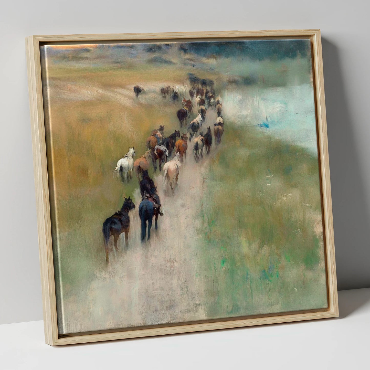 The Dusty Trail wild horses canvas wall art in natural frame