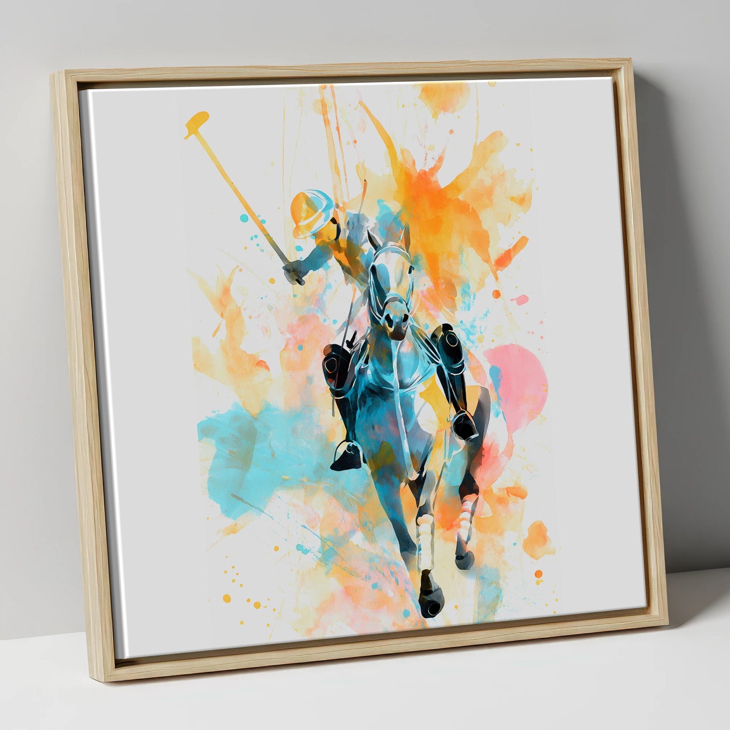 The Decisive Strike polo horse canvas wall art in natural frame