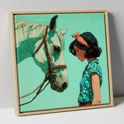 The Quiet Exchange horse & rider canvas wall art in natural frame