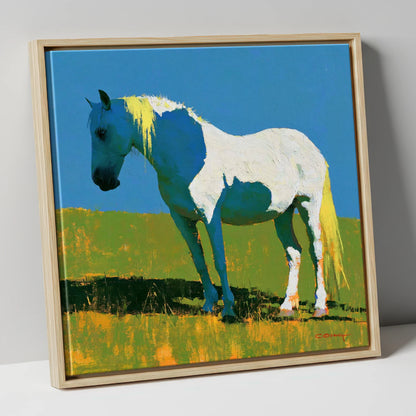 White Horse With Indigo Shadows horse breed canvas wall art in natural frame