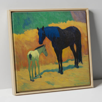 Radiant First Steps mare & foal canvas wall art in natural frame