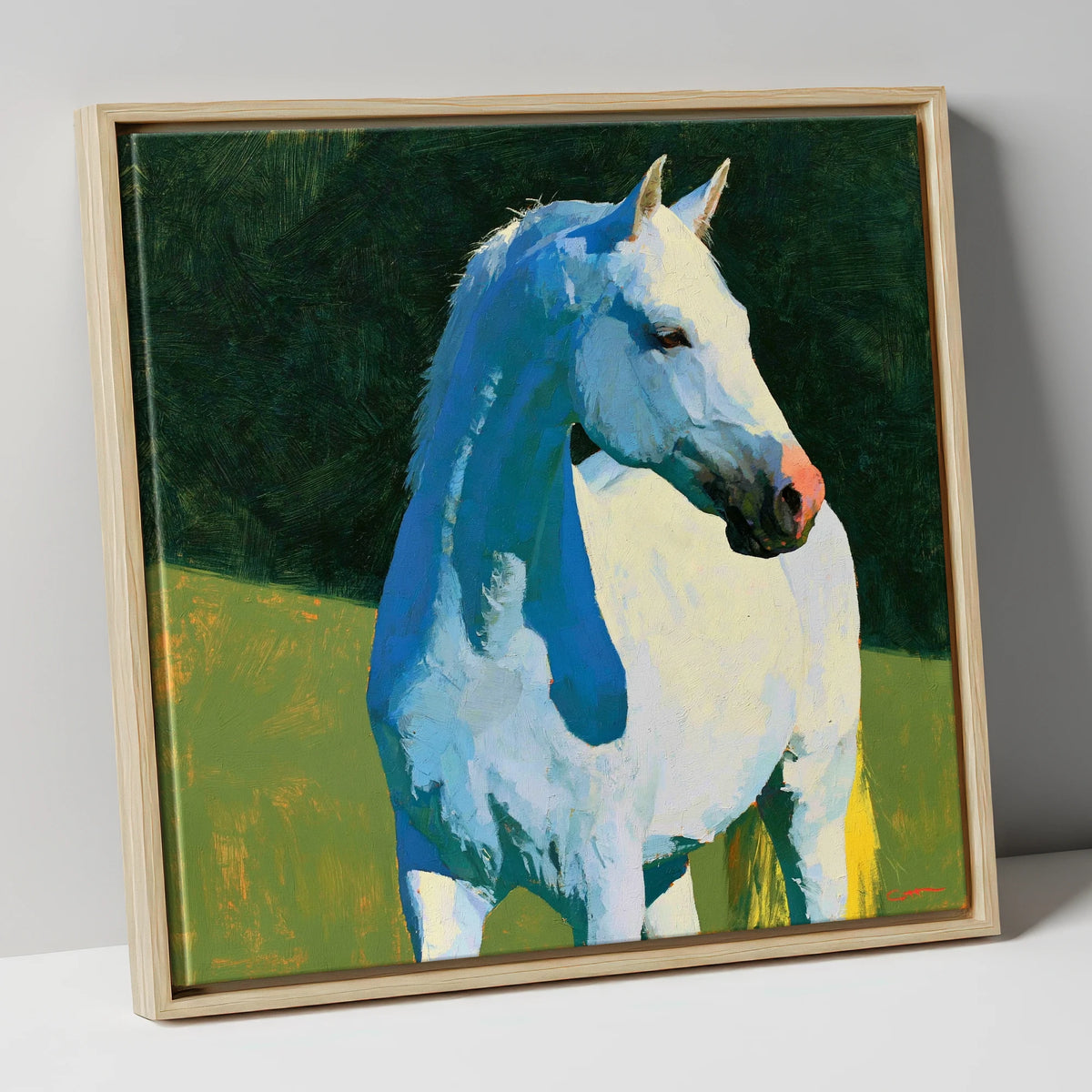 Grey Horse with Blue Shadows horse breed canvas wall art in natural frame