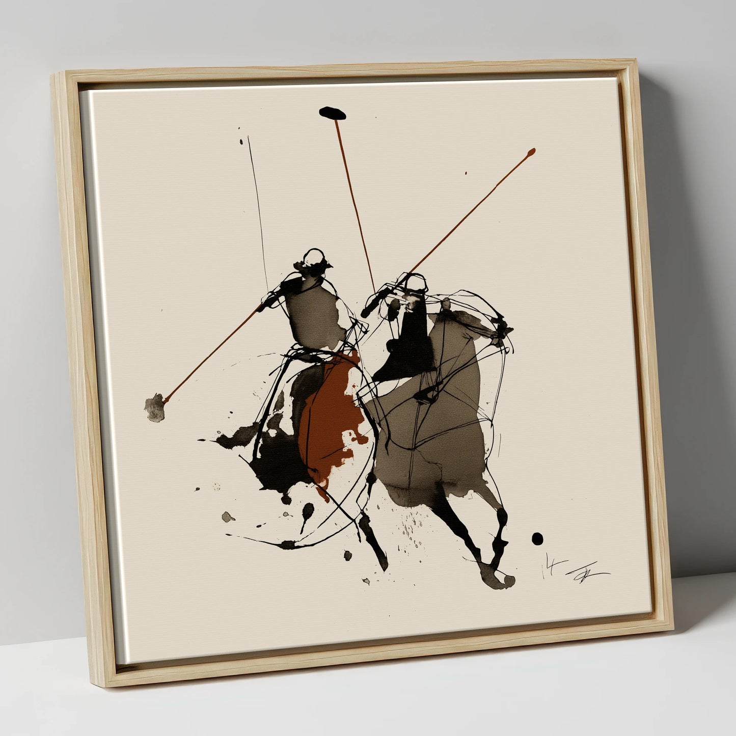 The Ride-Off polo horse canvas wall art in natural frame