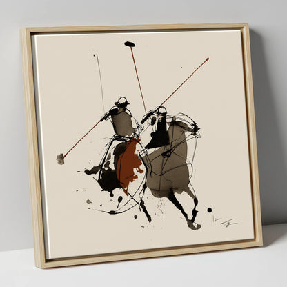 The Ride-Off polo horse canvas wall art in natural frame