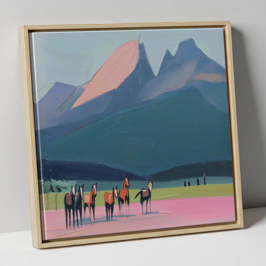 Rose Peaks Herd horse landscape canvas wall art in natural frame