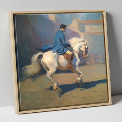 Grace in Blue and Grey dressage horse canvas wall art in natural frame