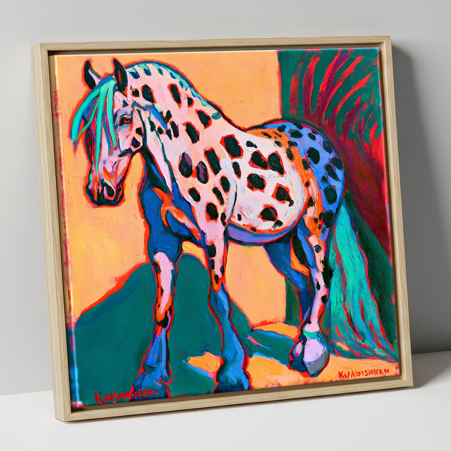 Colourful Spotted Knabstrupper Horse horse breed canvas wall art in natural frame