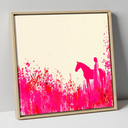 Vibrant Magenta Silhouette horse & rider canvas wall art in natural frame