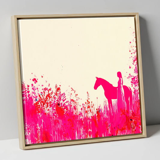 Vibrant Magenta Silhouette horse & rider canvas wall art in natural frame
