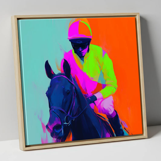 Electric Pace racing horse canvas wall art in natural frame