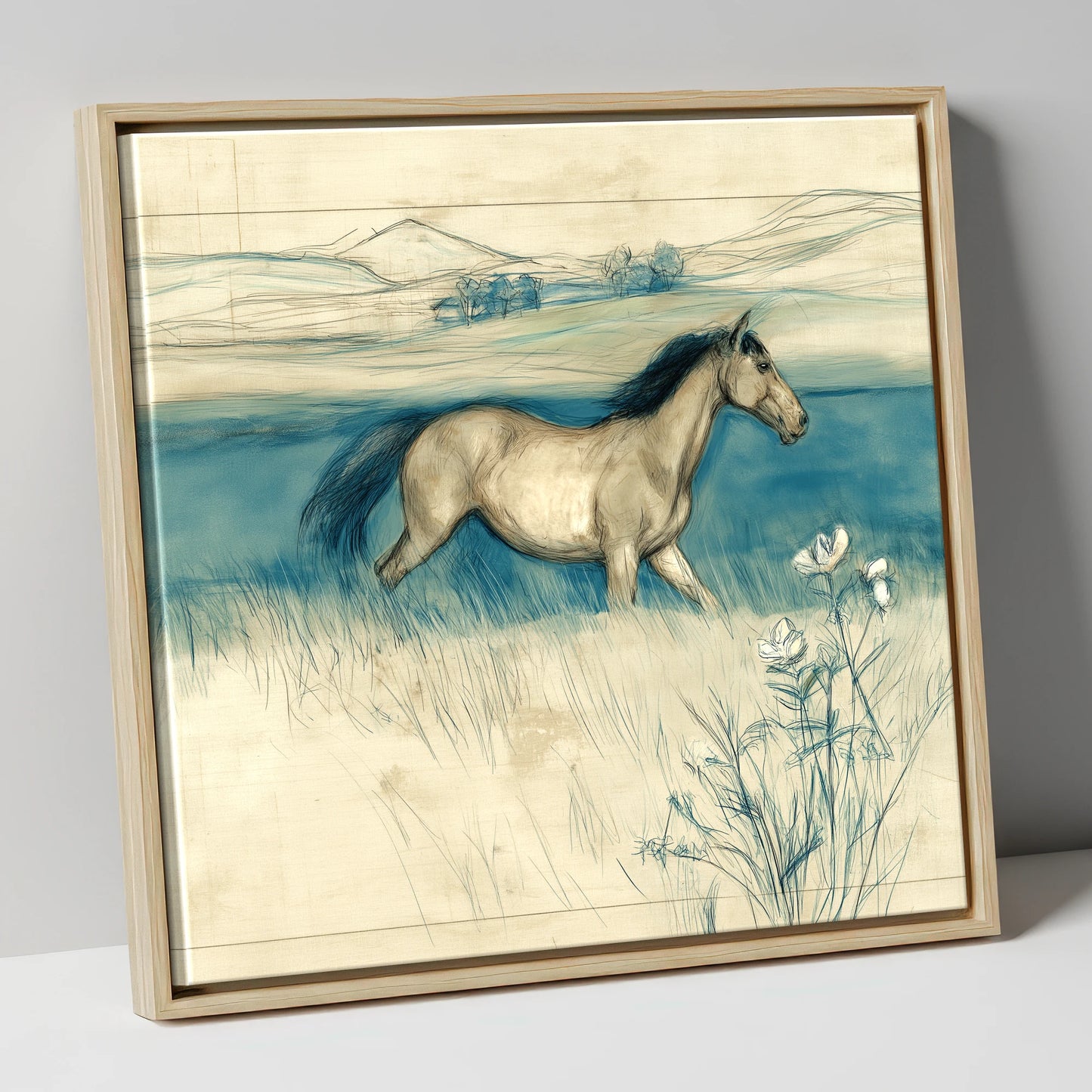 Teal Horizon Canter horse landscape canvas wall art in natural frame
