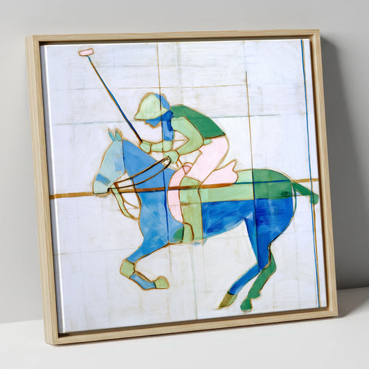 Azure Polo Rhythms polo horse canvas wall art in natural frame