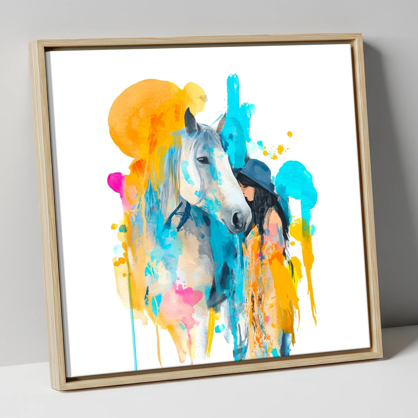 Vibrant Connection horse & rider canvas wall art in natural frame