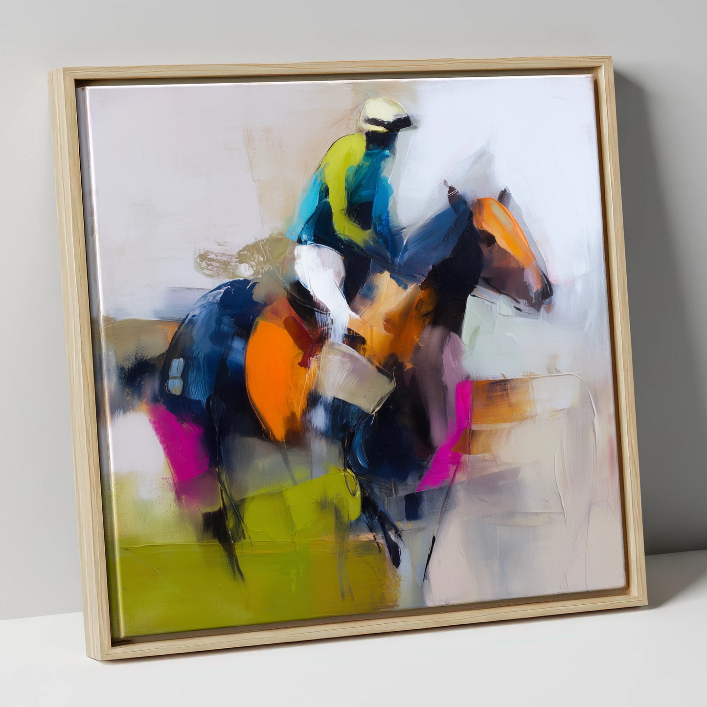 The Vivid Furlong racing horse canvas wall art in natural frame