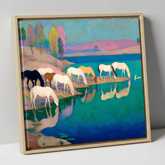 Reflections at Turquoise Waters wild horses canvas wall art in natural frame