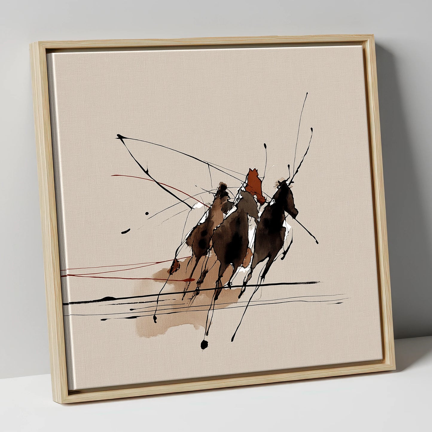 Abstract Polo Charge polo horse canvas wall art in natural frame