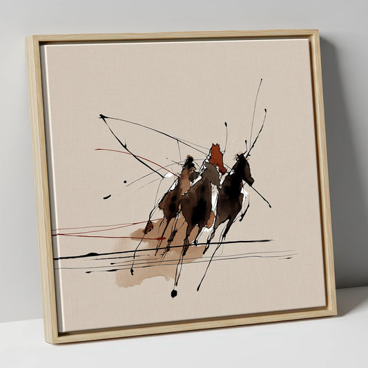 Abstract Polo Charge polo horse canvas wall art in natural frame