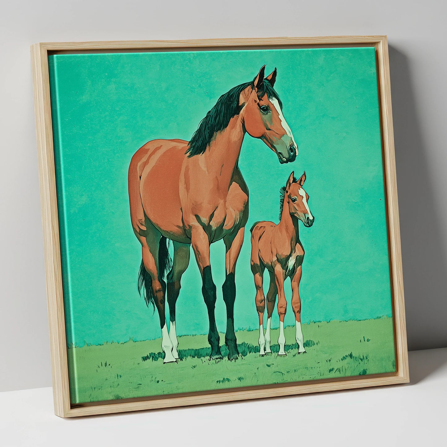 Striking Bay Bloodlines mare & foal canvas wall art in natural frame