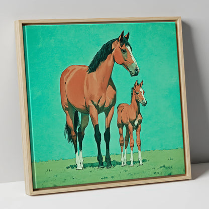Striking Bay Bloodlines mare & foal canvas wall art in natural frame