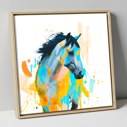 Teal and Amber Splendour horse portrait canvas wall art in natural frame