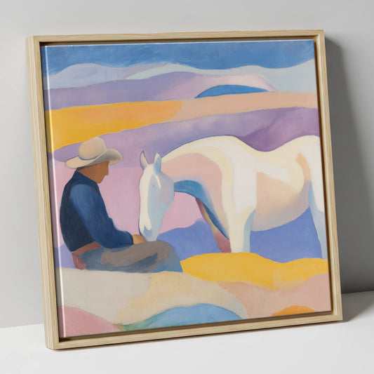 The Quiet Companion horse & rider canvas wall art in natural frame