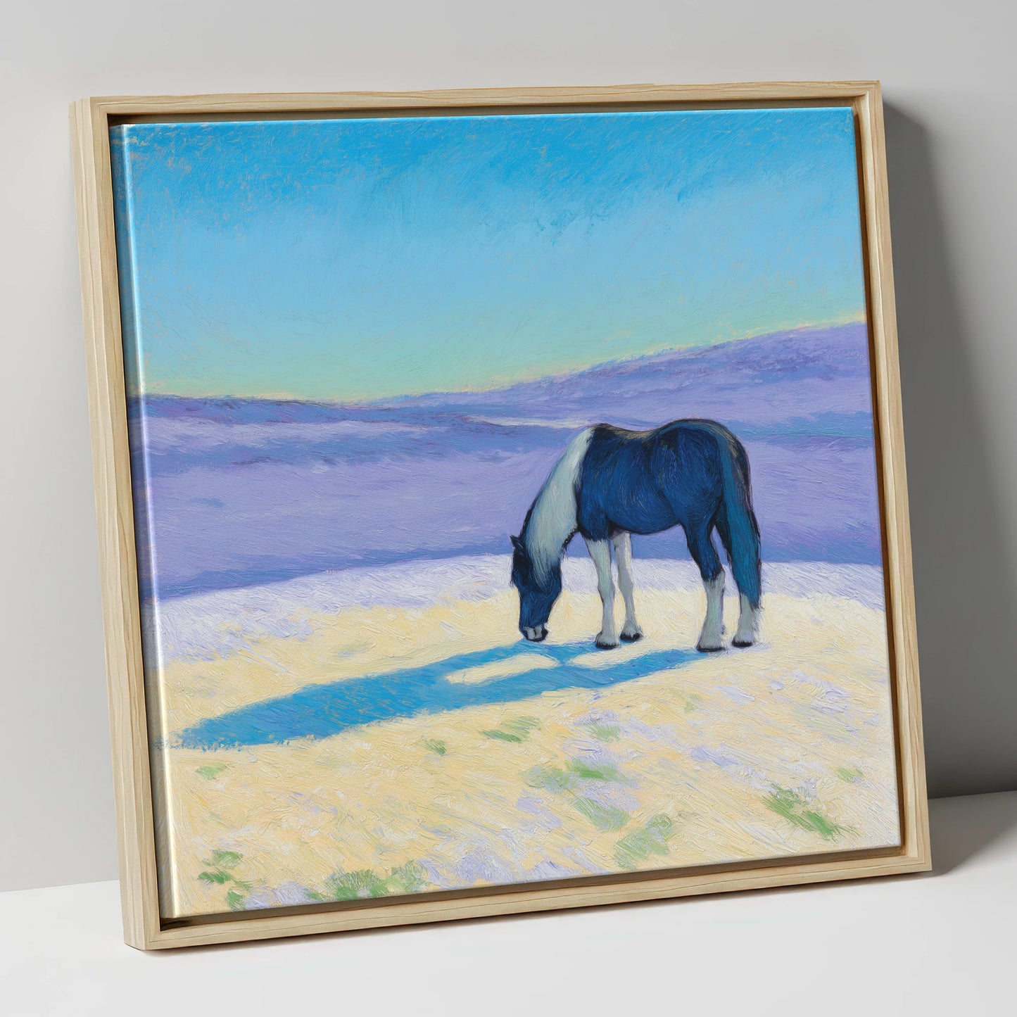 Indigo Shadow Grazing working horse canvas wall art in natural frame