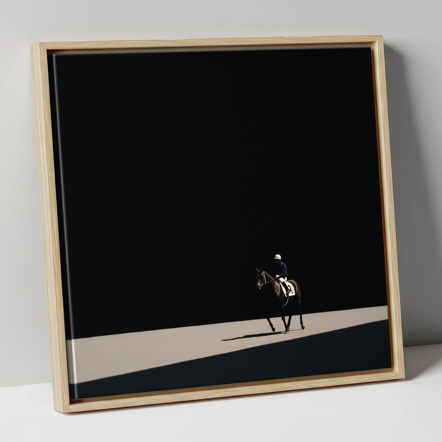 Out of the Shadows racing horse canvas wall art in natural frame