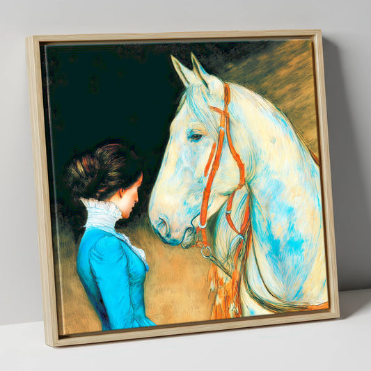 Cerulean Connection horse & rider canvas wall art in natural frame