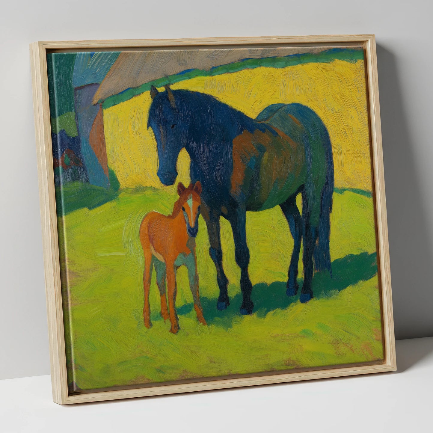 Radiant Pasture Bond mare & foal canvas wall art in natural frame