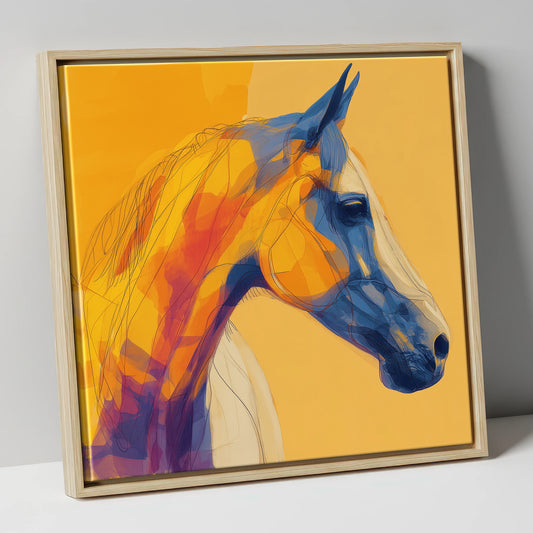 Cobalt and Amber Profile horse portrait canvas wall art in natural frame