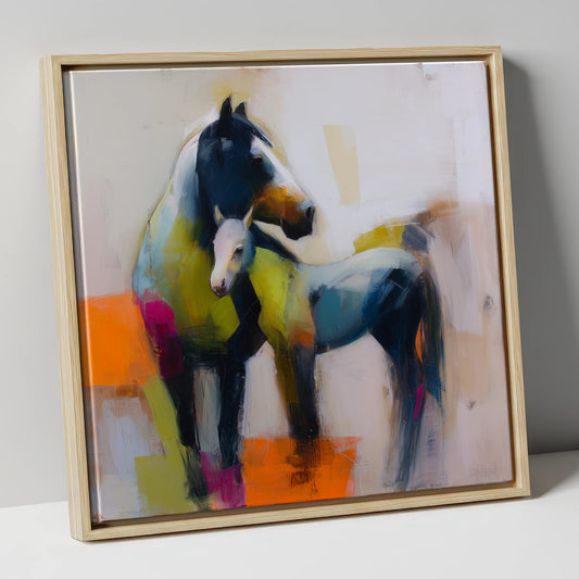 Vibrant Mare and Foal mare & foal canvas wall art in natural frame