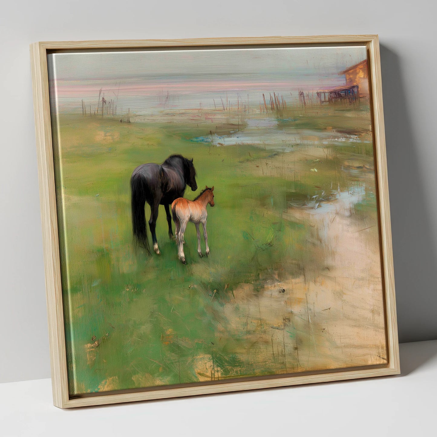 Morning on the Marsh mare & foal canvas wall art in natural frame