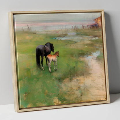 Morning on the Marsh mare & foal canvas wall art in natural frame