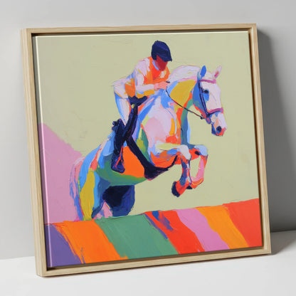 Technicolour Leap show jumping horse canvas wall art in natural frame