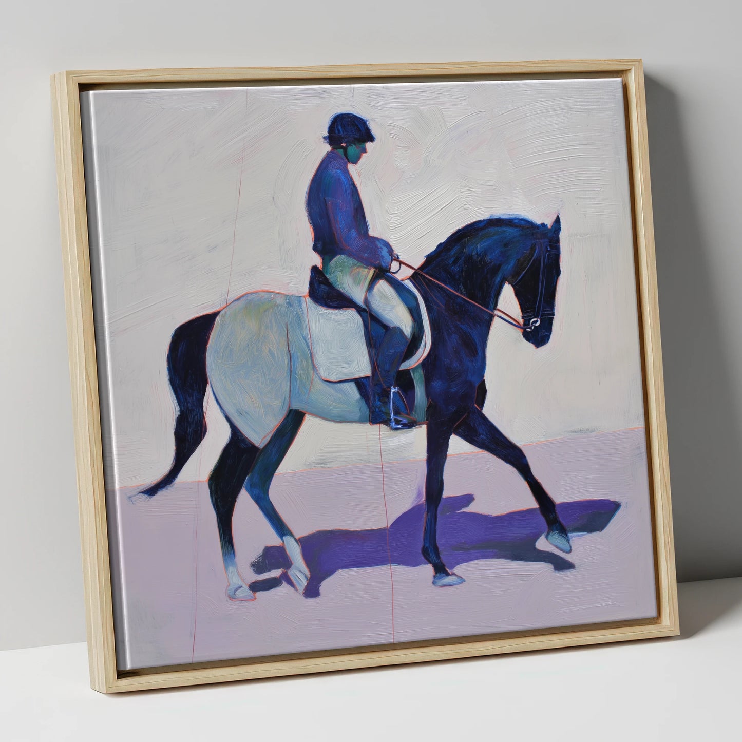 Midnight Cadence dressage horse canvas wall art in natural frame