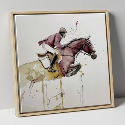 Burgundy Flight show jumping horse canvas wall art in natural frame