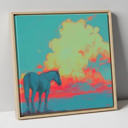 Teal Sunset Horizon horse landscape canvas wall art in natural frame