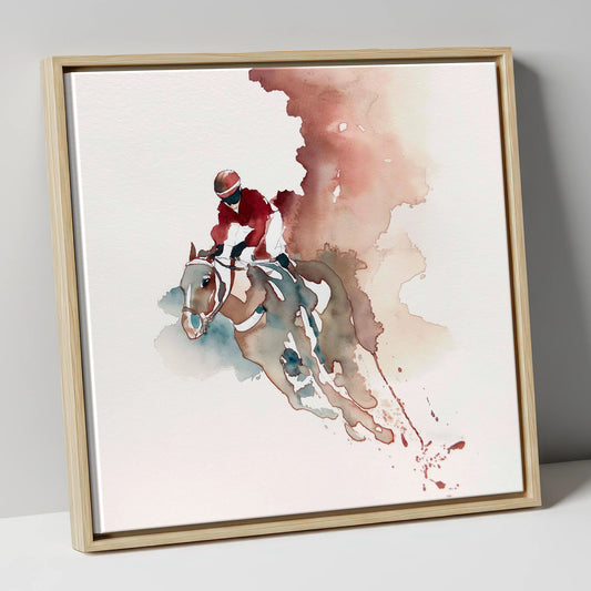 Crimson Surge racing horse canvas wall art in natural frame