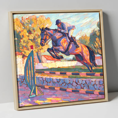 Sunset Flight show jumping horse canvas wall art in natural frame