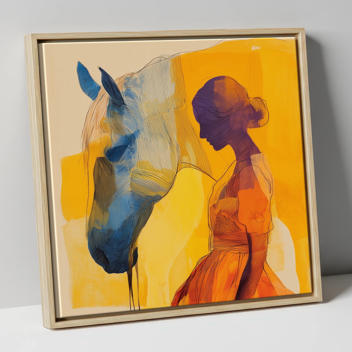 Amber Reverie horse & rider canvas wall art in natural frame