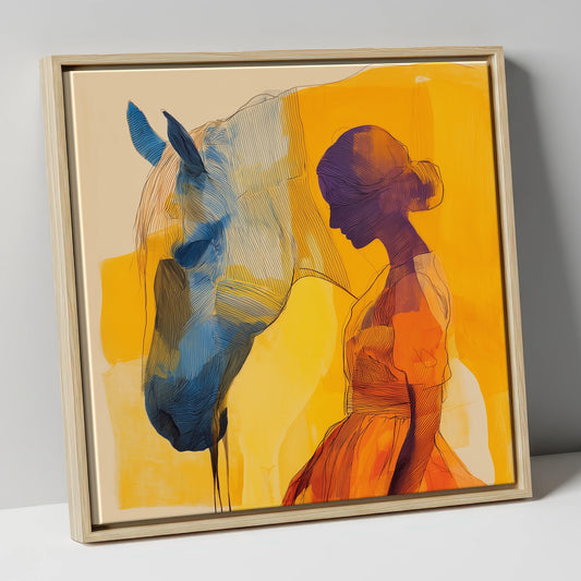 Amber Reverie horse & rider canvas wall art in natural frame
