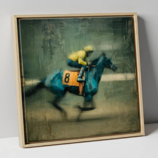 Number Eight at Speed racing horse canvas wall art in natural frame