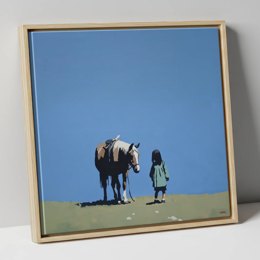 A Quiet Understanding horse & rider canvas wall art in natural frame