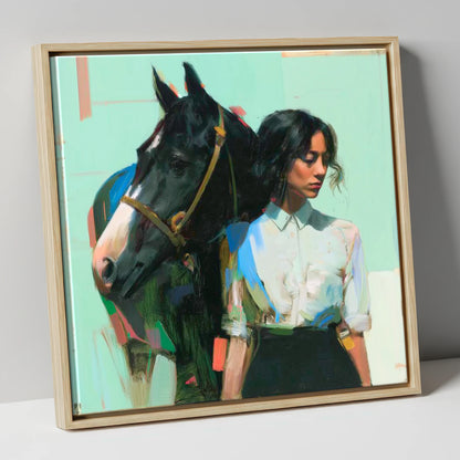 The Shared Silence horse & rider canvas wall art in natural frame
