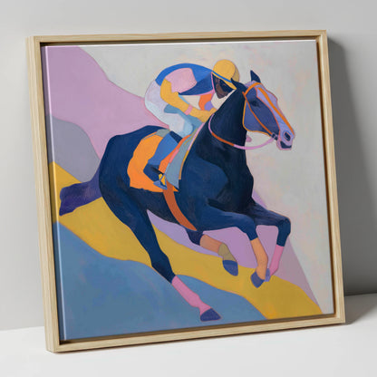 Vibrant Racing Stride racing horse canvas wall art in natural frame