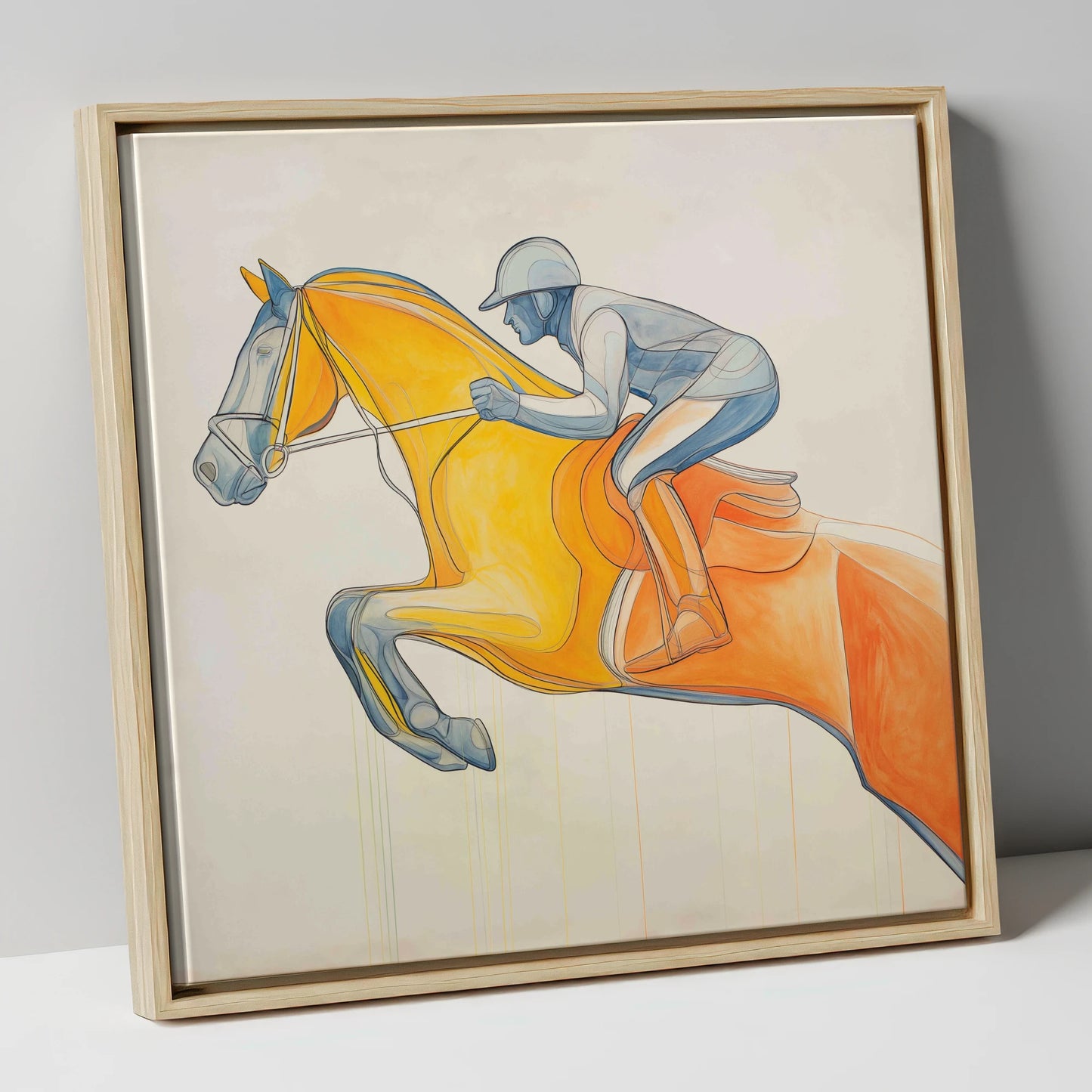 The Amber Arc show jumping horse canvas wall art in natural frame