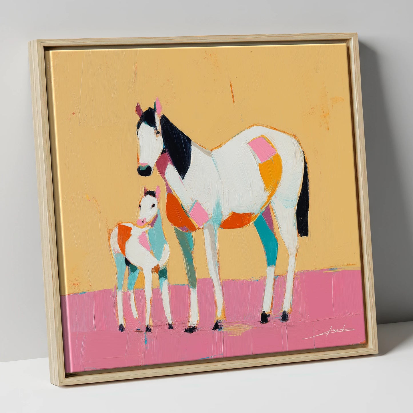 Vibrant Geometric Bond mare & foal canvas wall art in natural frame